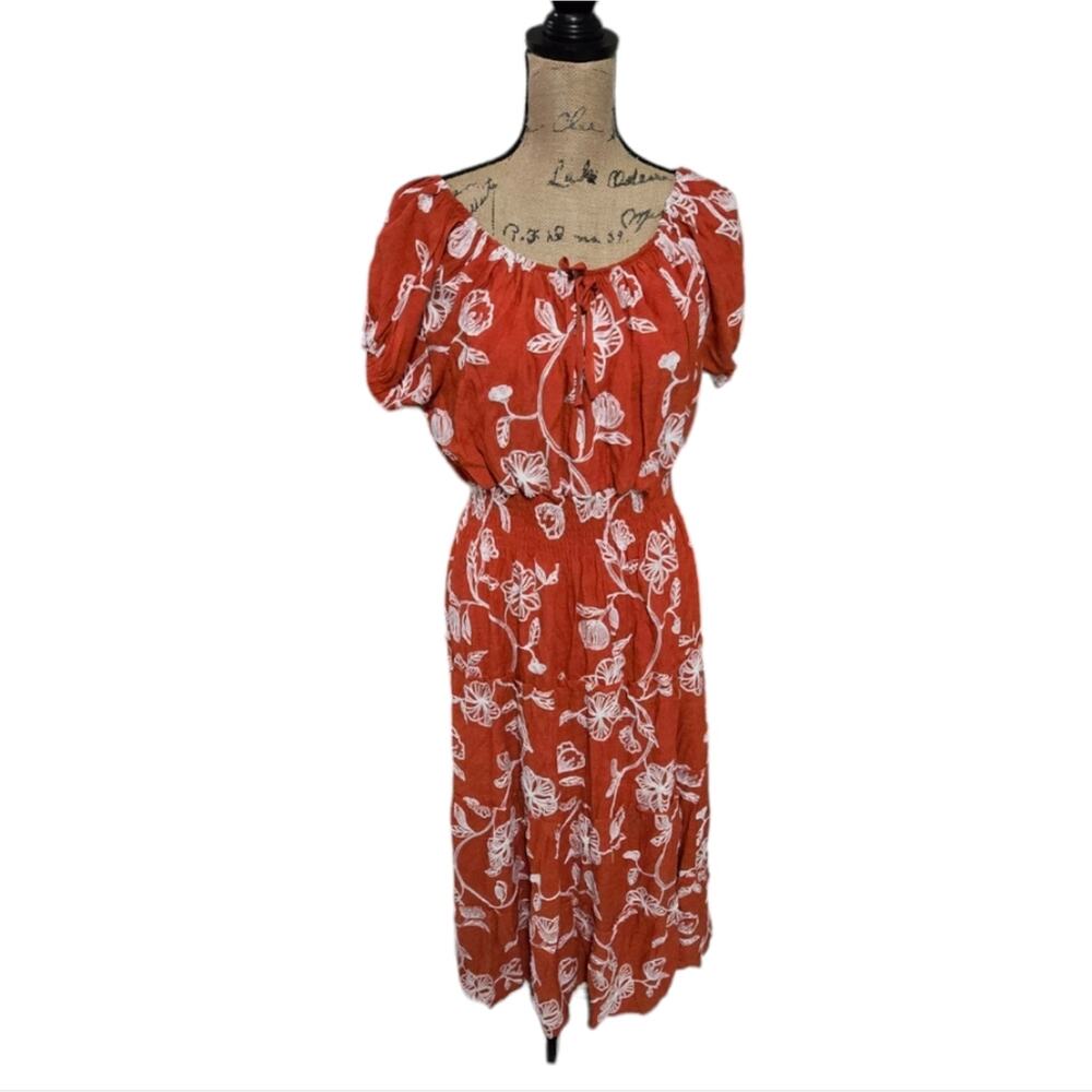 Anthropologie x Kindred Embroidered Burnt Orange and White Boho Peasant Dress 1X